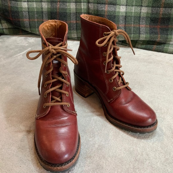 Frye Shoes - Vintage Frye Mahogany Leather Lace Up Combat Boots Vibram Sole Made in USA 7 M
